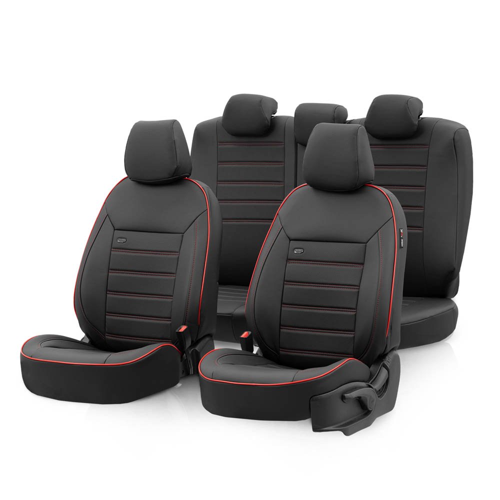 Autostoelhoezenset Premium kunstleer zwart-rood (complete set) Autostoelhoezenset Premium kunstleer zwart-rood (complete set)