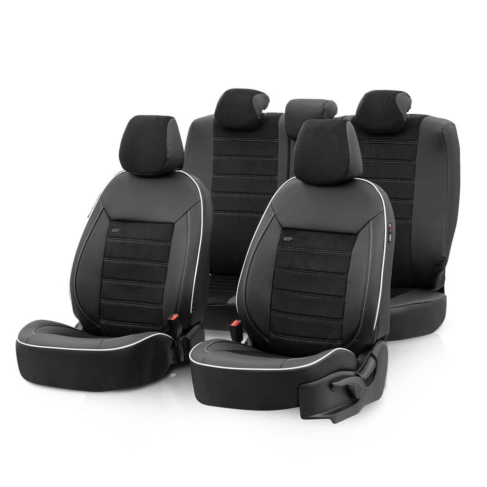 Autostoelhoezenset Premium kunstleer met suede zwart-wit (complete set) Autostoelhoezenset Premium kunstleer met suede zwart-wit (complete set)