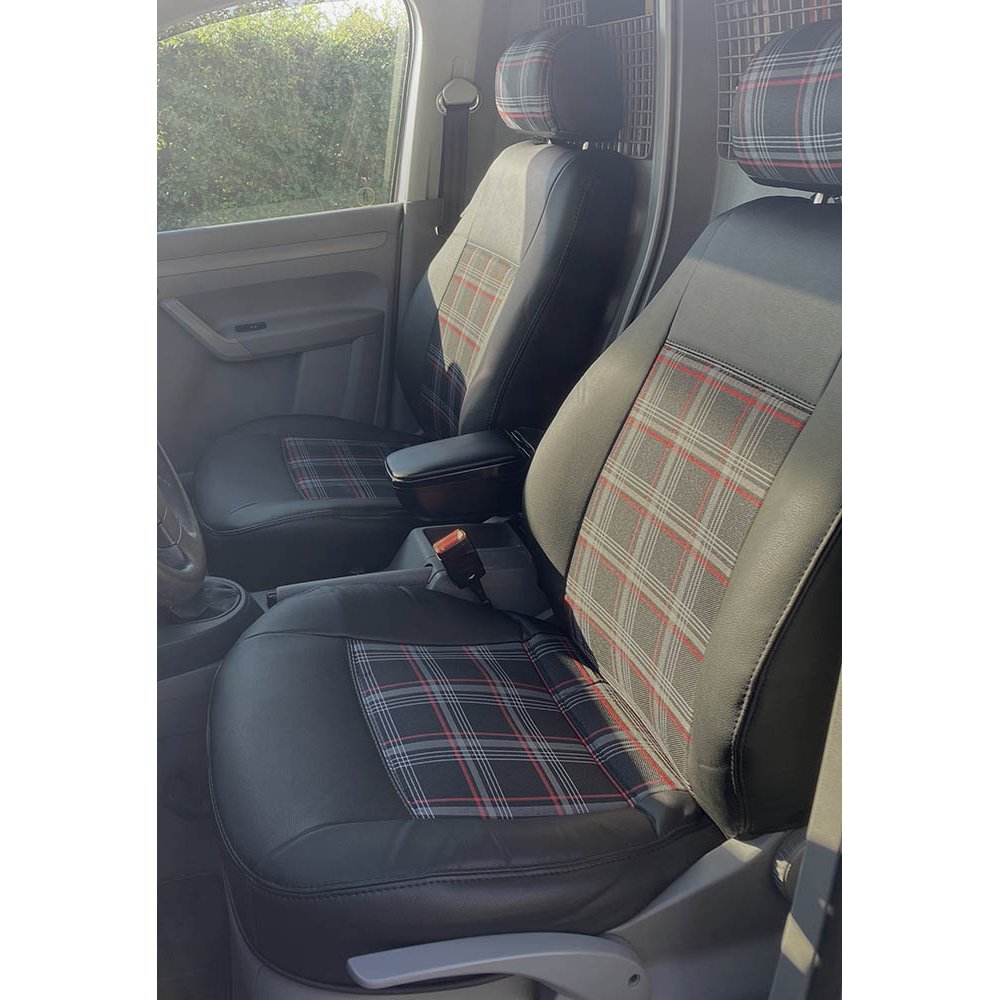 Pasvorm stoelhoezen set (stoel en stoel) Volkswagen Caddy 2004 t/m 2015 - Kunst leer / stof met GTI ruitpatroon Pasvorm stoelhoezen set (stoel en stoel) Volkswagen Caddy 2004 t/m 2015 - Kunst leer / stof met GTI ruitpatroon