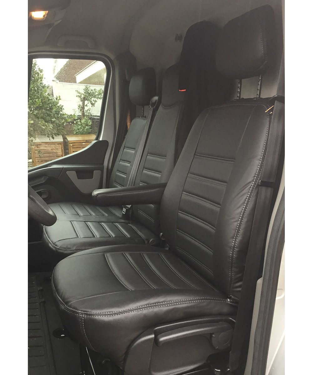Pasvorm autostoelhoezen (3 zits) Renault Master 2010-heden / Opel Movano 2010-2021 / Nissan NV400 2010-2021 / Interstar 2022-heden (duobank met split in alleen rugleuning) - Kunstleer zwart